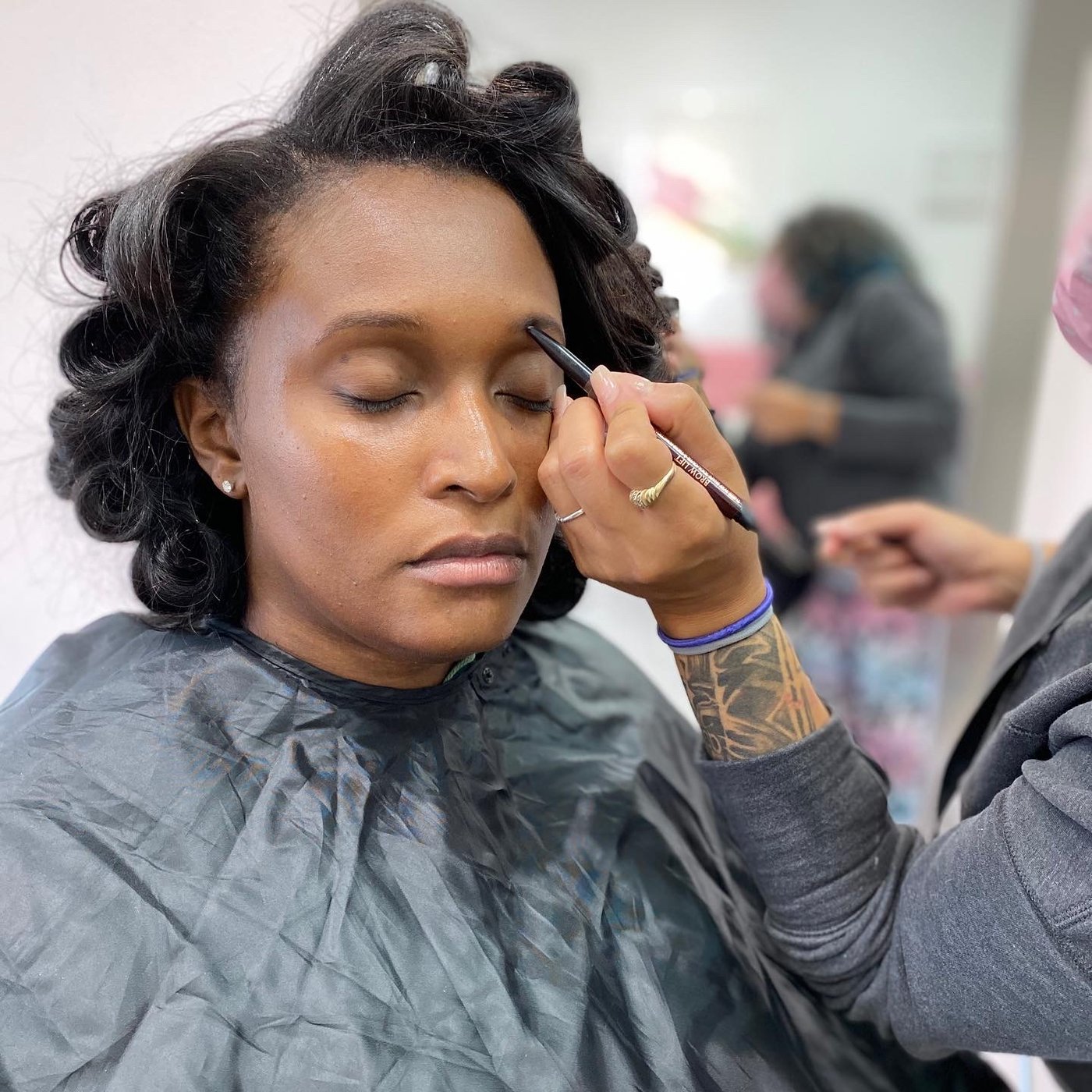 A brow service in progress in the studio