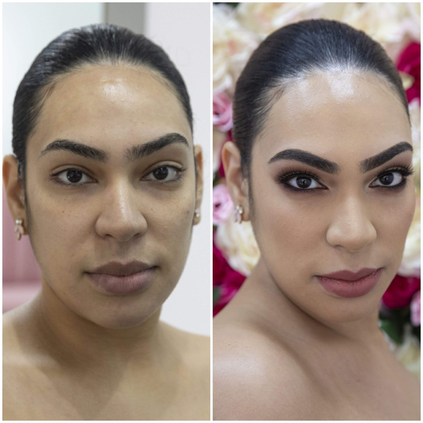 Makeup application before and after a full glam transformation