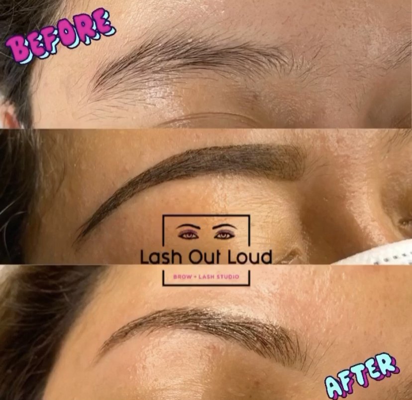 Microblading before and after on a client's brow